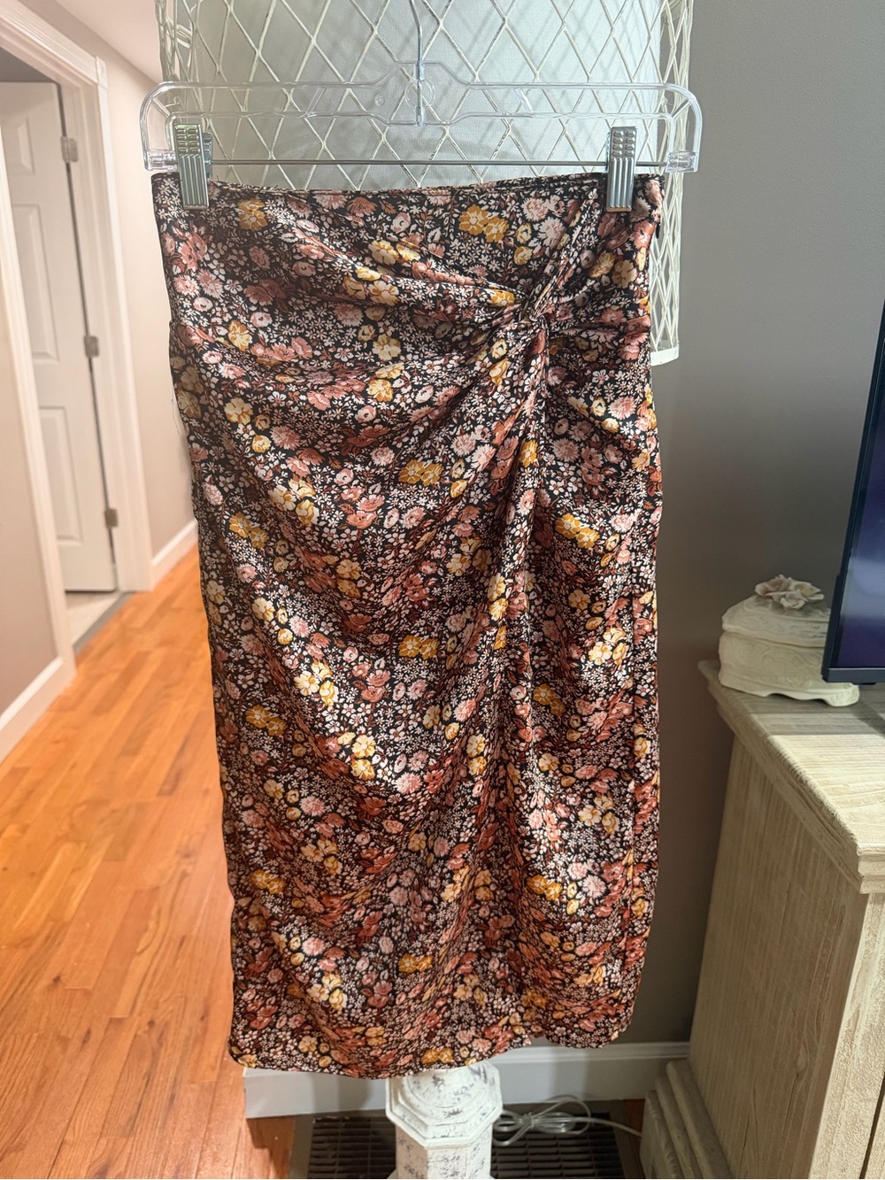 Abercrombie & Fitch Brown Floral Midi Skirt with Side Ruched Detail